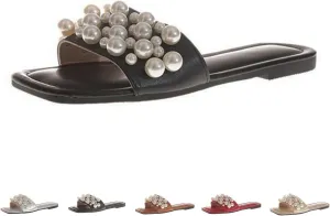 Zeberfi Women's Sparkle Pearl Flat Slide Sandals Fashion Summer Dress Party Slippers Breathable Square Open Toe Bling Beach Sandals