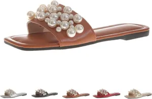 Zeberfi Women's Sparkle Pearl Flat Slide Sandals Fashion Summer Dress Party Slippers Breathable Square Open Toe Bling Beach Sandals